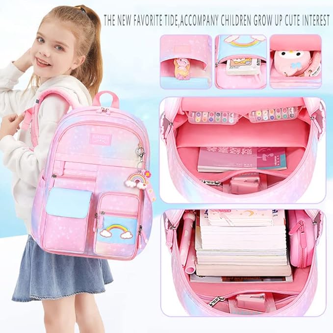 Kawaii Backpack, Pink Backpack for Girls, Kid Starry Rainbow Bookbag, Cute Backpack for Kids, Aesthetic Backpack, Blue