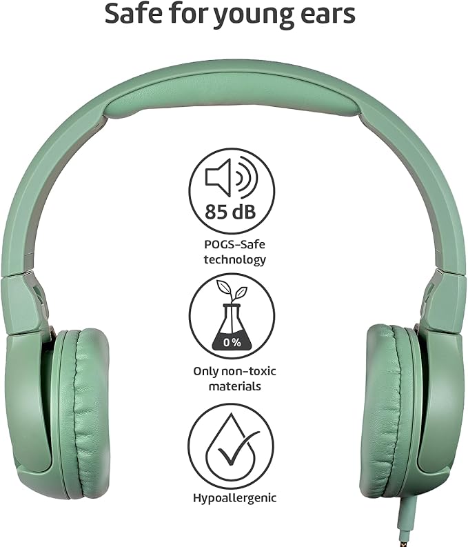 POGS Kids Wired Headphones | The Elephant 2 | Adjustable, Durable Headphones for Kids 3+ | Limited to 85 dB, Microphone | On-Ear | Music-Sharing Function Safe 3.5mm Audio Cable (3.2ft) (rGreen)