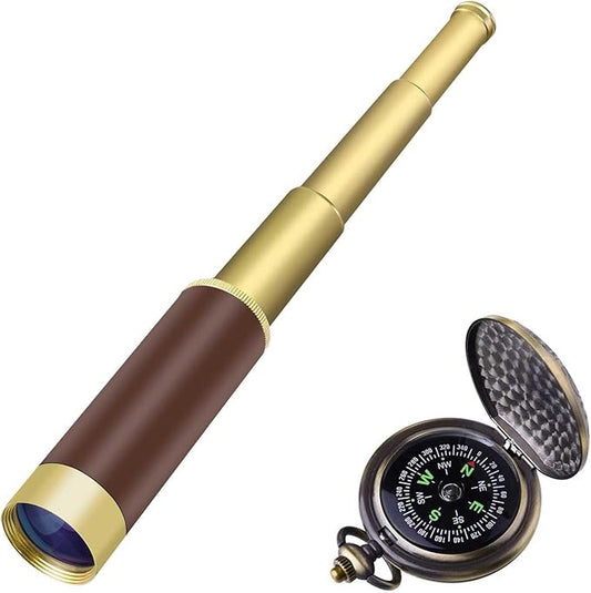 Retro Pirate Telescope Spyglass for Kids Adults Portable Collapsible Handheld Telescope Monocular Zoomable 25x30 & Survival Gear Compass Pocket Military Compass for Outdoor Camping Hiking Boating