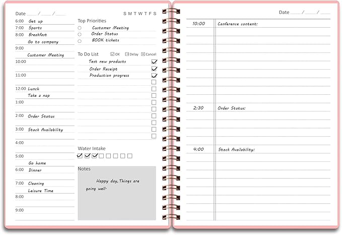 Tiankool Undated Daily Planner,Undated Planner with Hourly Schedules, Top Priorities Items and To Do List, A5 Daily Organizer Notebook to Increase Productivity, 5.8 × 8.2 Inch,Pink