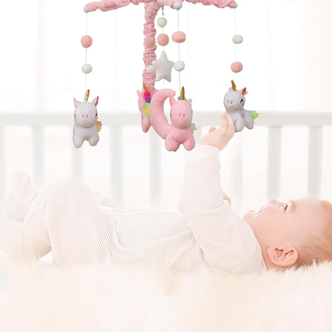 Baby Crib Mobile - Unicorn Crib Mobile for Girls with 25 Inches Mobile Arm and 35 Lullabies Musical Box, 3 Modes Digital, Volume Control, Essential Gift for Infant Bedroom Hanging Decor