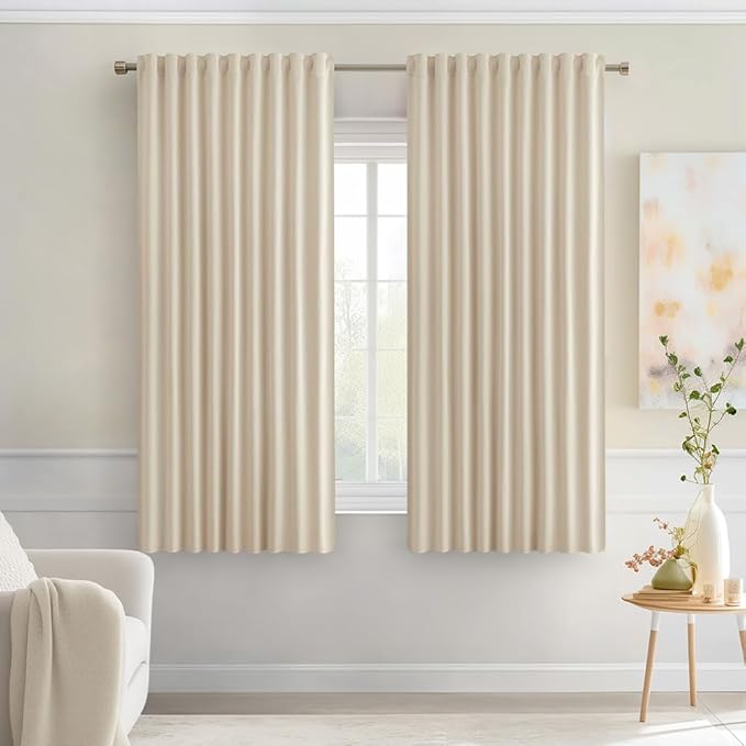 MIULEE Cream Beige Back Tab Light Blocking Curtains 63 Inch Length 2 Panels Set for Living Room Bedroom Privacy, Rod Pocket/Pinch Pleat Thermal Insulated Room Darkening Pleated Blackout Drapes