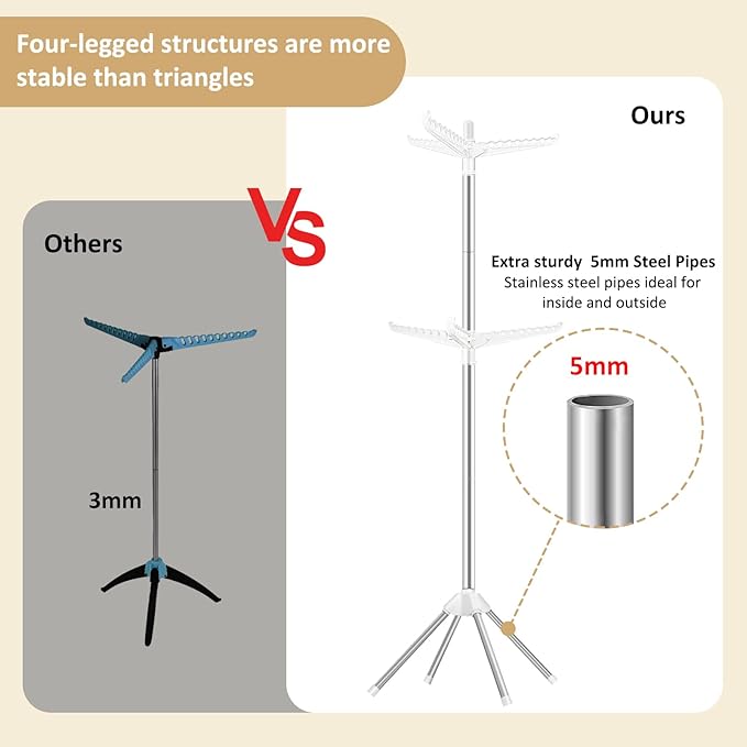 SUYU Clothes Drying Rack,Folding Clothes Drying Tree, 2 Layer with 6 Rotatable Arms,72-Inch Indoor Clothes Rack,Stainless Steel,4 Legs,White and Silver SNJ202