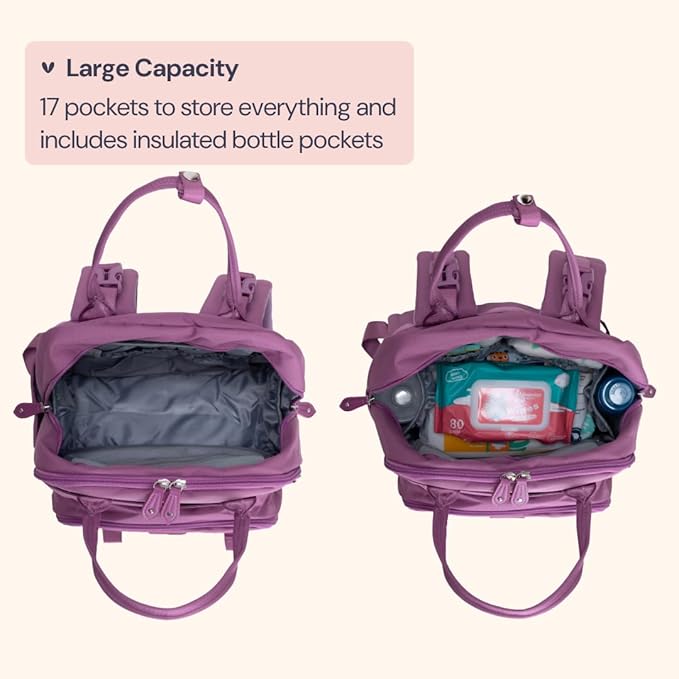 BabbleRoo Diaper Bag Backpack - Baby Essentials Travel Tote - Multi Function Waterproof Diaper Bag, Travel Essentials Baby Bag with Changing Pad, Stroller Straps & Pacifier Case - Unisex, Purple