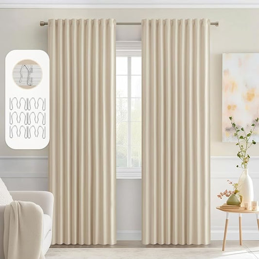 MIULEE Back Tab Cream Beige Curtains 90 Inch Long 2 Panels Set for Living Room Bedroom, Ivory Rod Pocket/Pinch Pleated Light Blocking Thermal Insulated Room Darkening Blackout Curtains, 52 x 90 Inch