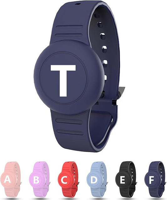 Waterproof Bracelet for AirTag Kids, Personalized Initial Letter Hidden Holder Compatible with Air Tag, Silicone Case for Airtag Adjustable Anti-Lost GPS Tracker for Toddler Child Elder, T