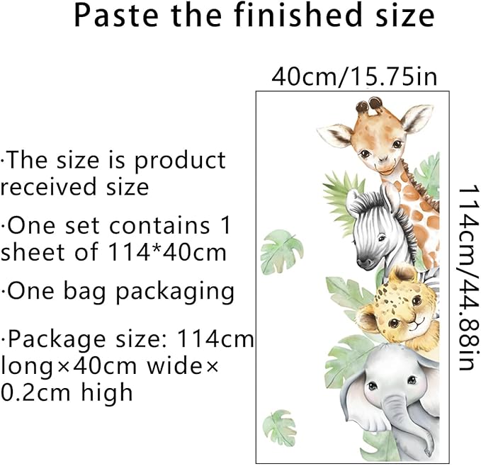 44.88x 15.75 Inch Watercolor Animal Wall Decals Jungle Animal Wall Stickers Tiger Elephant Giraffe Removable Peel and Stick Wall Decals for Nursery Playroom Bedroom Classroom Kindergarten Wall Decor