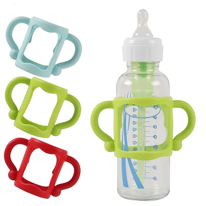 TonGass (3-Pack) Bottle Handles for Dr Brown Narrow Baby Bottles with Easy Grip Handles to Hold Their Own Bottle - BPA-Free Soft Silicone - Red Green and Blue