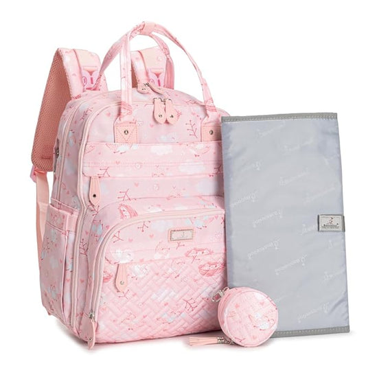 BabbleRoo Diaper Bag Backpack - Baby Essentials, Travel Essentials Baby Bag with Changing Pad, Stroller Straps & Pacifier Case - Unisex, Pink Birdy