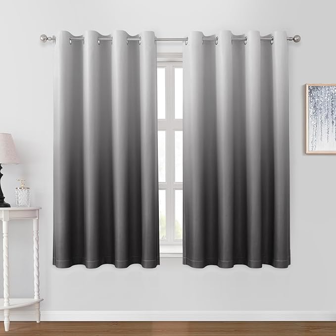 HOMEIDEAS Grey Gray Ombre Blackout Curtains 52 X 63 Inch Length Gradient Room Darkening Thermal Insulated Energy Saving Grommet 2 Panels Window Drapes for Living Room, Bedroom