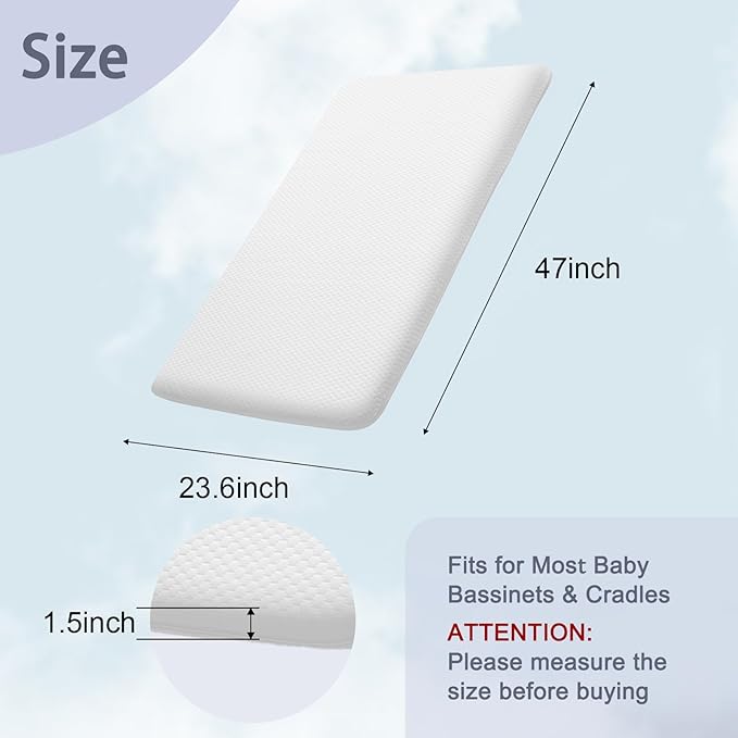 Lisara Baby Bassinet Mattress, 47 x 23.6 Dual Sided Gel Memory Foam Mattress with Waterproof, Removable Ice Silk Cover, Fit for ADOVEL, BabyBond, ANGELBLISS and ELEMARA Baby Bassinet Bedside Crib