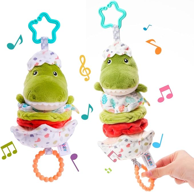 Jollybaby Baby Musical Pull String Hanging Toy for Stroller Car Seat Crib Play Gym, Plush Stuffed Dinasour Toy for Carseat with Music Teether Crinkle Paper, Sensory Toy for 0-6-12-18 Months Baby Gift