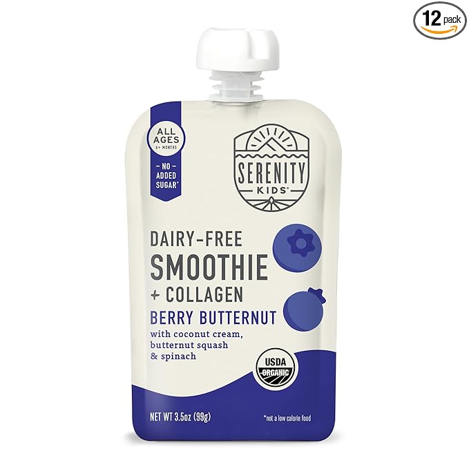 Serenity Kids 6+ Months Dairy-Free Smoothie Baby Food | USDA Organic | Grass Fed Collagen Protein | 3.5 Ounce BPA-Free Pouch | Berry Butternut | 12 Count