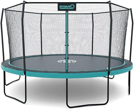 SKYWALKER TRAMPOLINES 12 FT 15 FT Round Trampoline with Safety Enclosure Net, 9 x 15 FT Rectangle Outdoor Trampoline, Recreational Trampoline for Kids