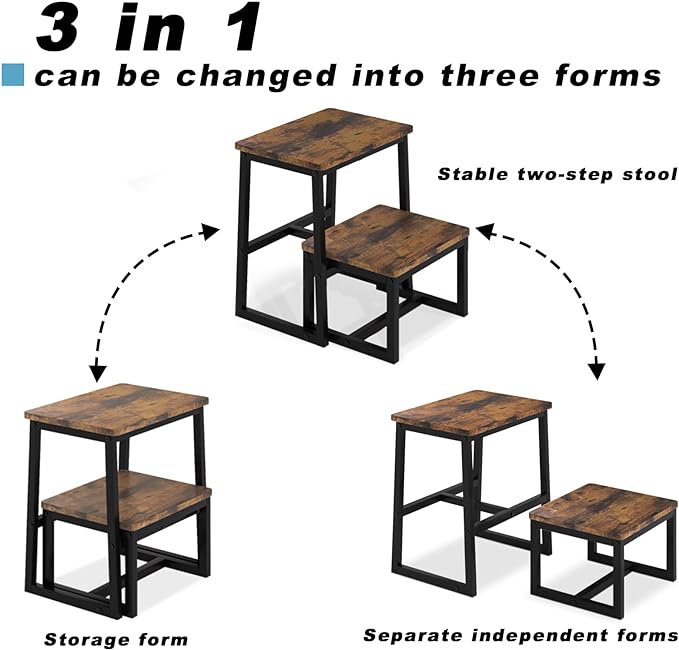 Step Stool for Adults & Kids,Holds up to 500Lb,3 in1 Heavy Duty Sturdy Wooden 2 Stepstool for Kichen/Bathroom/High beds, Metal Frame, Non-Slip Pads