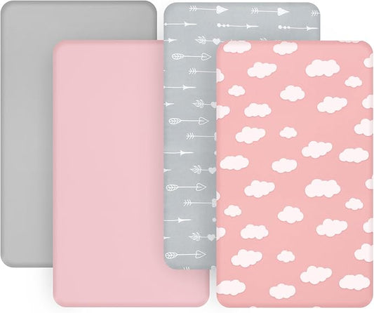 4-Pack Fitted Crib Sheets for Boys and Girls - Breathable, Soft Microfiber Baby Sheets in Grey and Pink