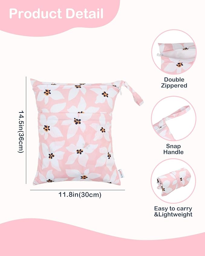 ALVABABY 3 Cloth Diaper Wet Dry Bags Waterproof Reusable with Two Zippered Pockets Travel Beach Pool Daycare Soiled Baby Items Yoga Gym Bag for Swimsuits or Wet Clothes Small Medium Large 3L-ZM26