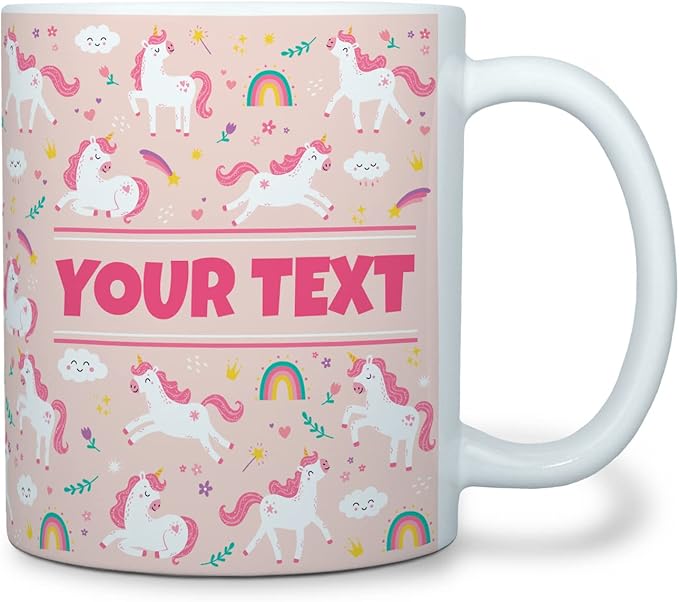 Personalized Mug for Kids - Pink Unicorn - Custom Name/Text, Ceramic Hot Chocolate/Cocoa/Coffee Cup for Girls, Birthday/Christmas/Holiday Gift - 11 oz, White Handle