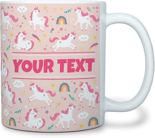 Personalized Mug for Kids - Pink Unicorn - Custom Name/Text, Ceramic Hot Chocolate/Cocoa/Coffee Cup for Girls, Birthday/Christmas/Holiday Gift - 11 oz, White Handle