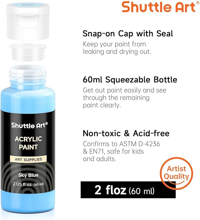 Shuttle Art Acrylic Paint, 25 Colors Acrylic Paint Set, 2oz/60ml Bottles, Rich Pigments Paint for Artists, Beginners and Kids on Canvas Rocks Wood Ceramic Fabric