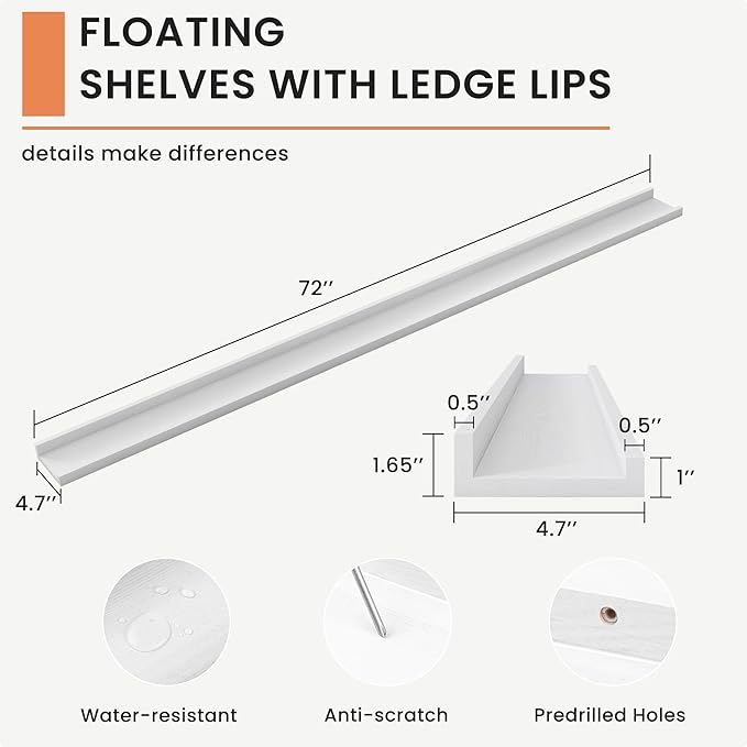 Picture Ledge Shelf, 72 inch Solid Ash Wood Floating Shelves Set of 2, Picture Ledge Ledge Wall Mounted for Living Room Kids' Room Bedroom, Color White