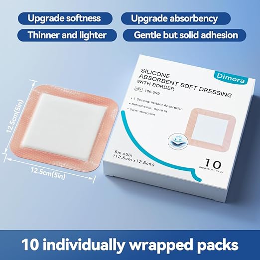 Dimora Silicone Super Absorbent Wound Dressings - Gentle Adhesive Bandages with Ultrasorb Polymer,Heavy Exudate Wound Care Pads 5"X 5" 10 Packs