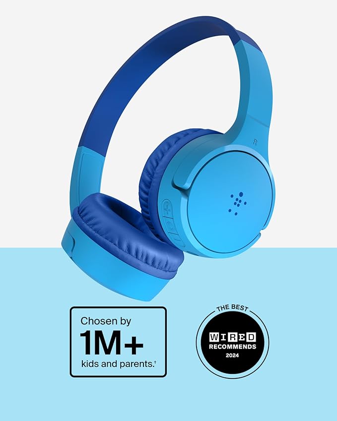 Belkin SoundForm Mini - Wireless Bluetooth Kids Headphones, 30H Battery, 85dB Safe Volume Limit, Built-in Microphone - Toddler On-Ear Earphones for iPhone, iPad - Ideal for School - Blue w/Case