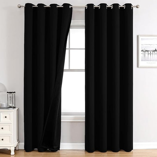 ChrisDowa 100% Blackout Curtains for Bedroom with Black Liner, 2 Thick Layers Total Blackout Thermal Insulated Grommet Window Curtains 2 Panels Set (Black, 52 x 84 Inch)