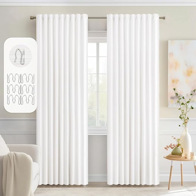 MIULEE Pure White Back Tab Blackout Curtains 84 Inch Length 2 Panels Set for Living Room Bedroom Privacy, Rod Pocket/Pinch Pleat Thermal Insulated Room Darkening Pleated Light Blocking Drapes