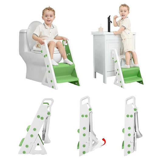 Primlect Space-Saving Potty Training Seat with Ladder, Adjustable Step and Toilet Seat Height, Top Handles for Easy Climbing, Easy to Carry, Portable Toddler Toilet Trainer for Small Bathrooms