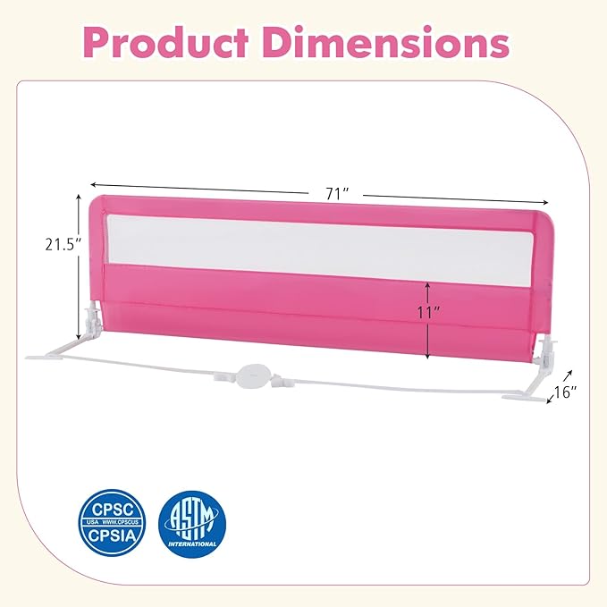 BABY JOY Bed Rails for Toddlers, 71'' Extra Long, Swing Down Bed Guard w/Safety Strap, Folding Baby Bedrail for Kids Twin, Double, Full Size Queen & King Mattress (71-Inch, Pink)