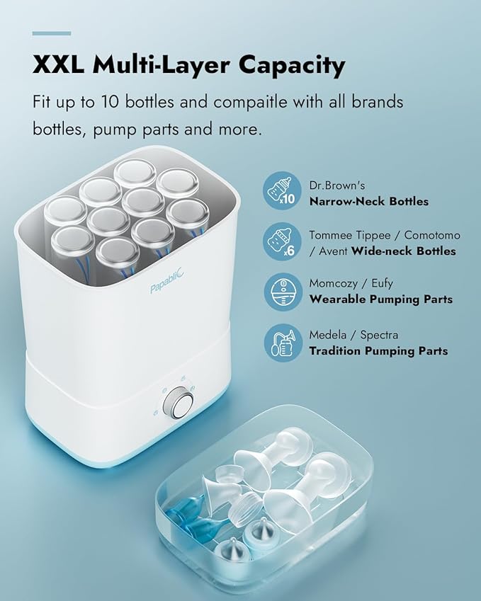 Papablic Baby Bottle Sterilizer and Dryer Pro, Esterilizador De Biberones, Electric Steam Sterilizer for Baby Bottles, Pacifiers, and Pump Parts, Large Capacity 10 Bottles
