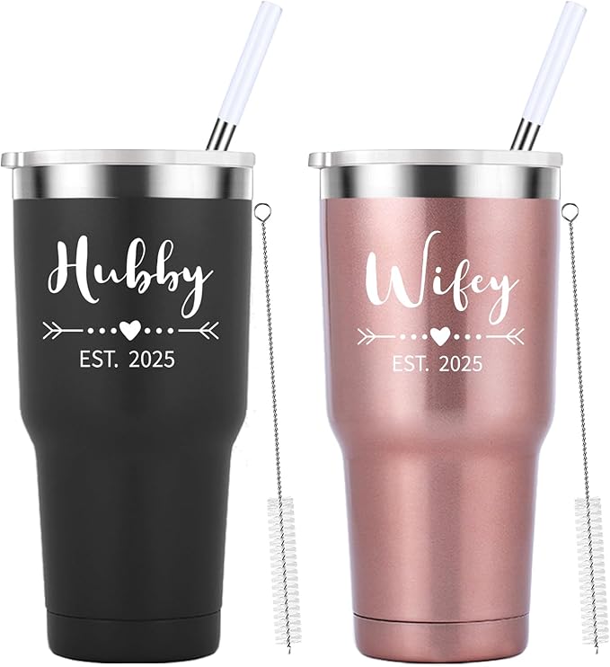 Mamihlap Hubby & Wifey Est 2025 Travel Mug 30oz Tumbler.Valentine’s Day Gifts.Anniversary Wedding Engagement Gifts.Gift for Couple Her Him Bridal Shower Husband Wife Newlywed Couple.(Black&Rose Gold)
