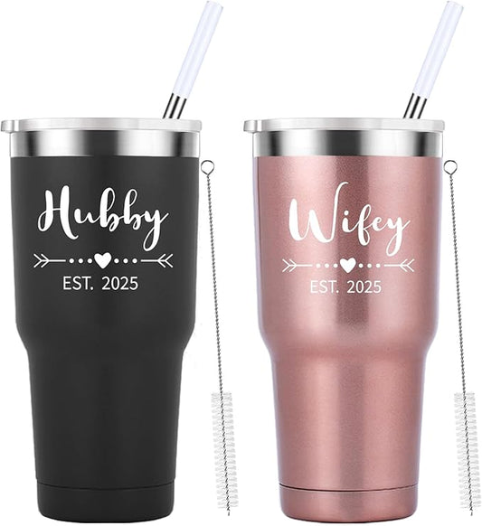 Mamihlap Hubby & Wifey Est 2025 Travel Mug 30oz Tumbler.Valentine’s Day Gifts.Anniversary Wedding Engagement Gifts.Gift for Couple Her Him Bridal Shower Husband Wife Newlywed Couple.(Black&Rose Gold)