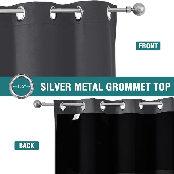 ChrisDowa 100% Blackout Curtains 63 inch Long for Bedroom with Black Liner, Extra Wide 2 Thick Layers Total Blackout Thermal Insulated Grommet Window Curtains 2 Panels Set (Dark Grey, 60 x 63 Inch)