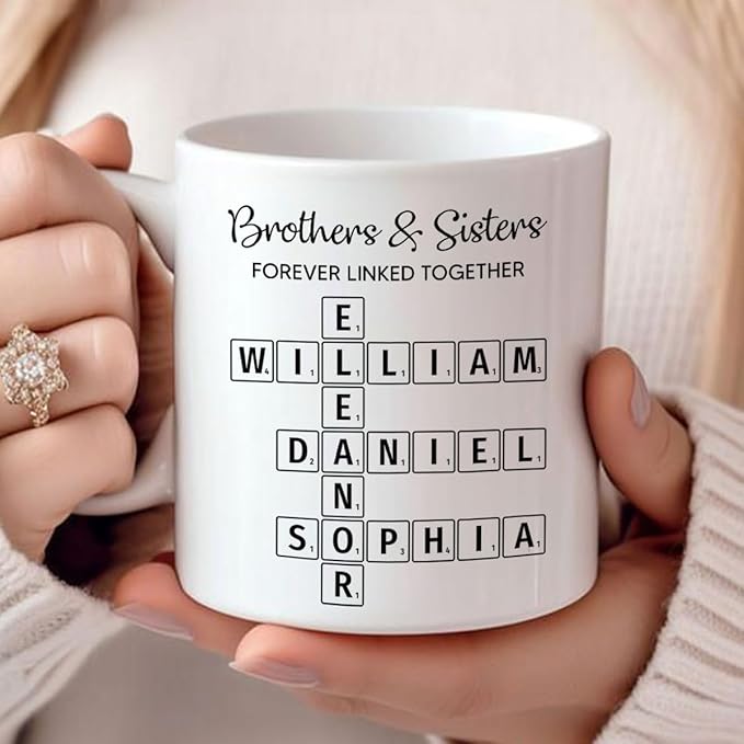 Trending Custom Brothers & Sisters Forever Linked Together Personalized White Mug Brothers Sisters Crossword Puzzle Art Mug, Gift For Brothers, Sisters, Siblings, Family Member on Birthday Christmas