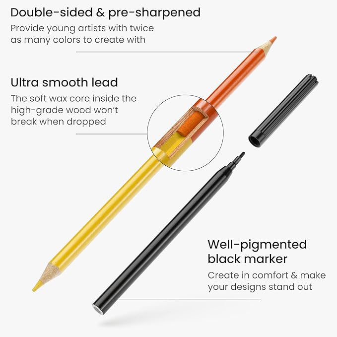 Arteza Kids Activity Book, I Spy Coloring Book, 8.5 x 11 Inches, School Supplies for Ages 6 and Up, 50 Sheets, 12 Double-Ended Colored Pencils, Black Marker, Eraser, Pencil Sharpener