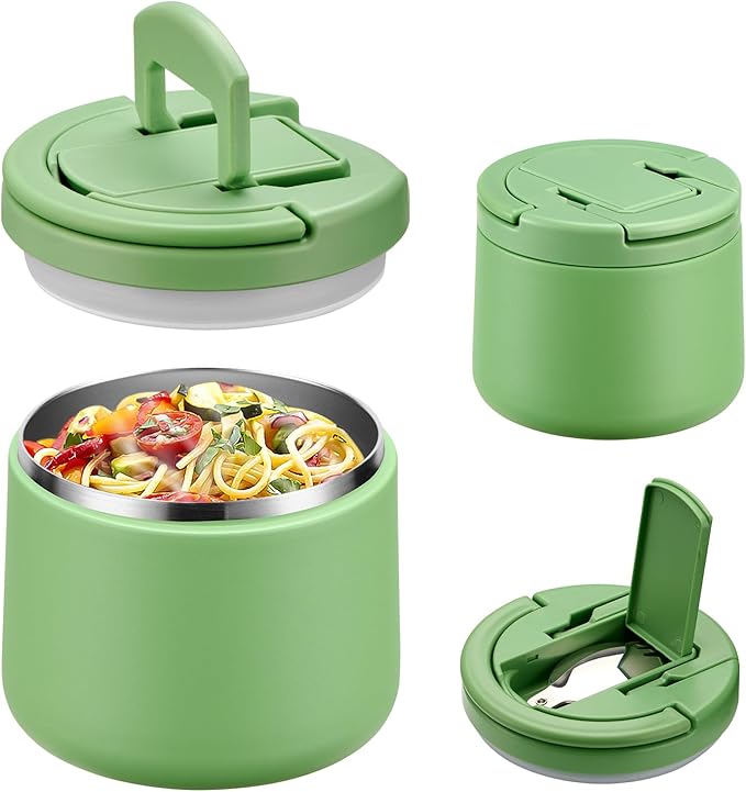 Soup Thermo for Hot Food Kids 14oz Lunch Containers with Buckle Lid Wide Mouth Hot Food Jar Vacuum Insulated Stainless Steel Bento Box Leakproof with Spoon(Green)