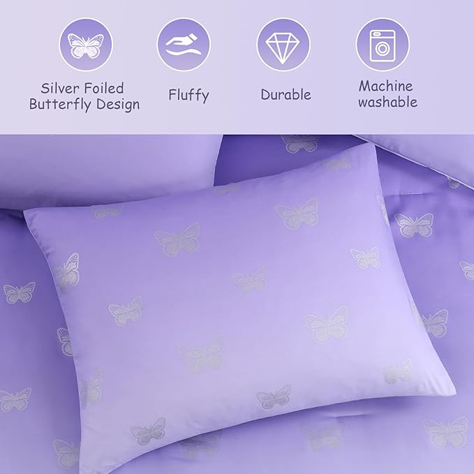 Full Size Comforter Sets with Sheets for Girls-7 Pieces Full Size Bedding Sets with Purple Comforter, Sheets, Pillowcases & Shams for Kids (Purple Butterfly, 76" X 86")