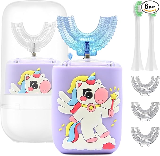 Kids Electric Toothbrush, U Shaped Toothbrush Kids Sonic Automatic Brush with Cup 5 Brush Head 6 Sonic Clean Modes IPX7 Waterproof Unicorn Design Rechargeable Smart Timer for Children 2-7