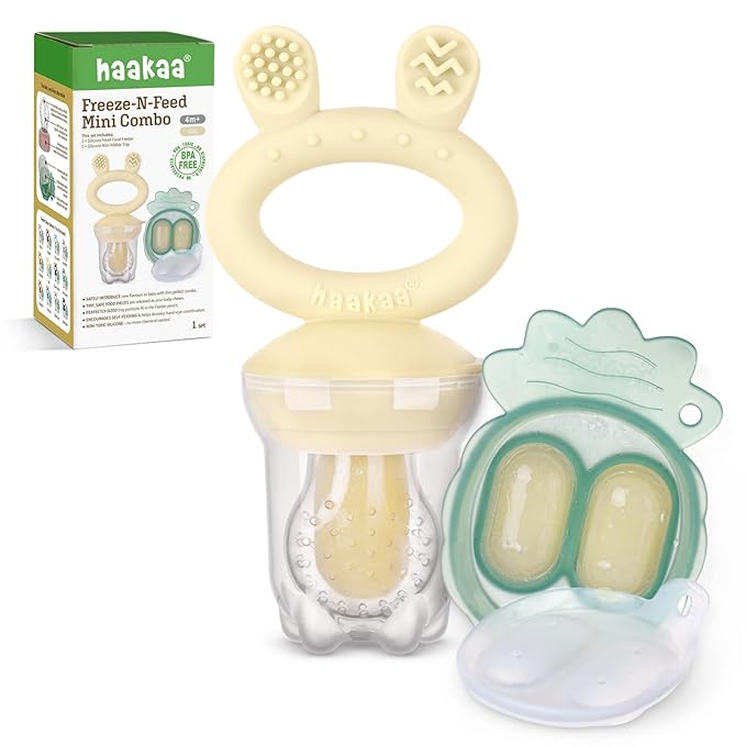 Haakaa Baby Fruit Food Feeder & Mini Freezer Nibble Tray Combo, Breastmilk Popsicle Molds for Baby Cooling Relief, BPA Free Silicone Feeder for Safe Infant Self Feeding, 4 Month+ (Oat)