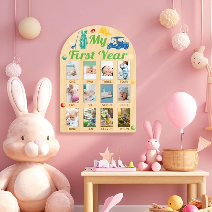 ORIGACH My First Year Baby Growth Photo Display Wood Board - 12 Months Newborn Milestones Photo Board - Neutral Baby Keepsake Frame 1st Birthday Party Nursery Decor New Mom Gift - Golf Element