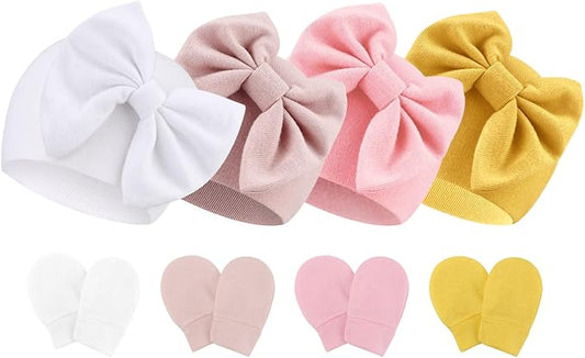 BQUBO Newborn Baby Hats Mittens Set Hospital Hat Beanie Infant Bow Hats Baby Gloves No Scratch Mittens for 0-6 Months