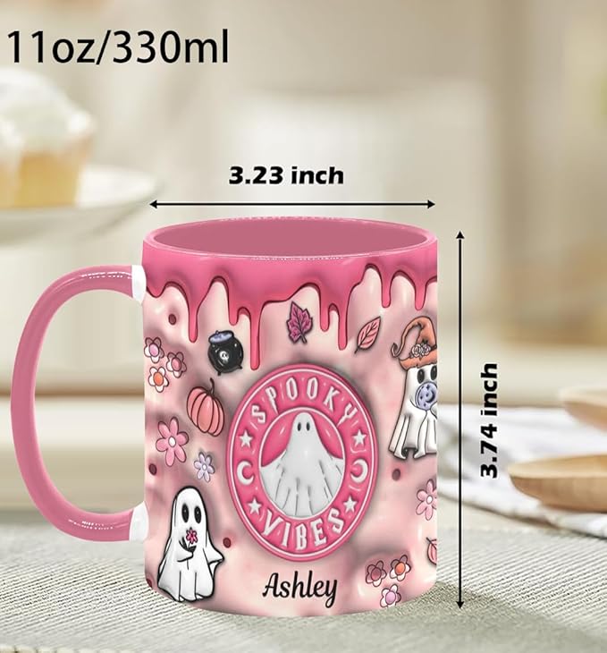 Personalized Halloween Coffee Mug with Names, Pumpkin Coffee Cup, Custom Ghost Ceramic Coffee Mug, Spooky Vibes Trick Or Treat Halloween Accent Mug, Spooky Season Gift for Women Her 11 Oz