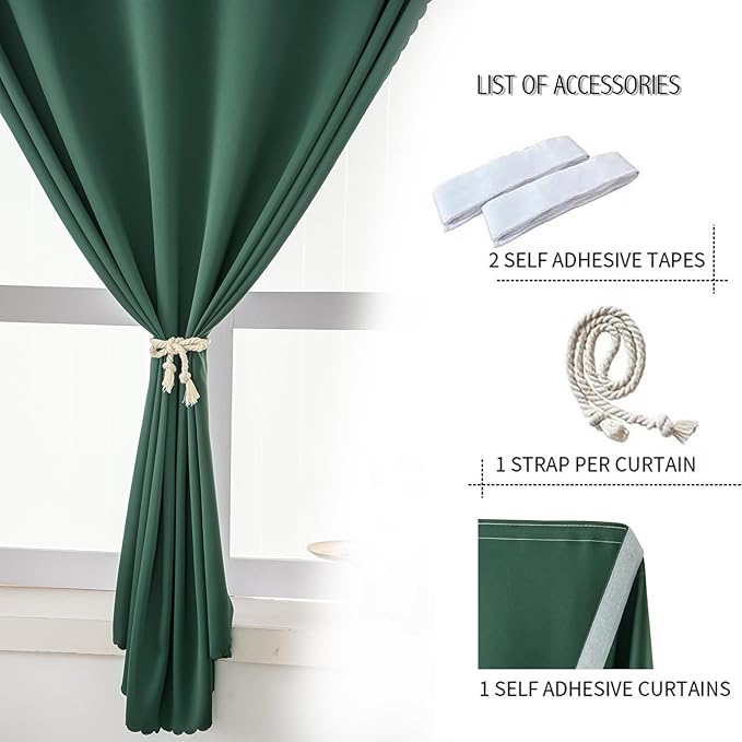 Blackout Curtains for Bedroom Stick On Curtains Window Shades Pull Down Blackout Window Cover No Drillng Self Adhesive Curtains No Rod Small Curtain, 35" W X 71" L, Dark Green, 1 Panel