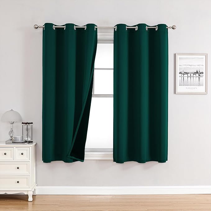 ChrisDowa 100% Blackout Curtains for Bedroom with Black Liner, 2 Thick Layers Total Blackout Thermal Insulated Grommet Window Curtains 2 Panels Set (Forest Green, 42 x 63 Inch)