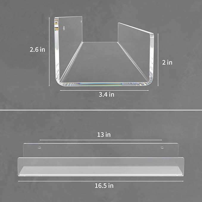 NIUBEE 16.5-Inch Acrylic Floating Bookshelves, 4-Pack, Clear Modern Wall Shelves for Child/Toddler， Invisible Ledge Book Shelves for Multi-Layer or Multi-Room Storage in Kids’ Rooms and Family Spaces
