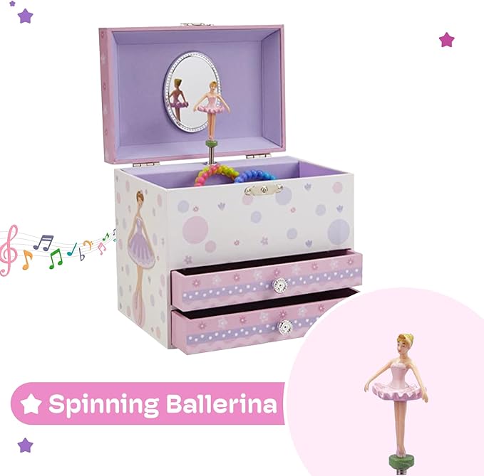 Jewelkeeper Jewelry Box for Girls with Ballerina and Music Box - Dual Drawers and Spacious Storage - Swan Lake Tune - White and Purple Jewelry Keepsake Chest - 6 x 6.75 x 5.25 Inches
