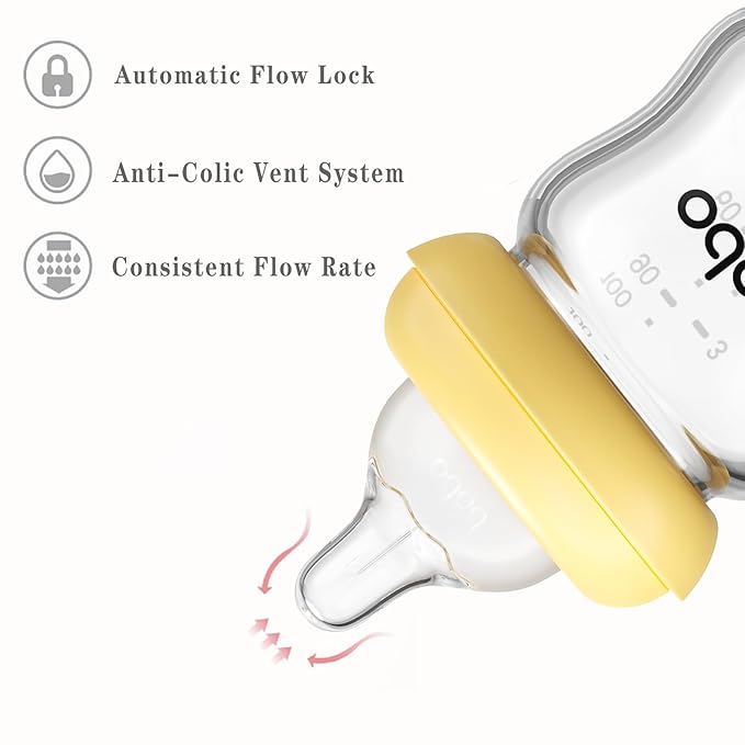 YOHKOH Natural Glass Baby Bottle with Natural Response Nipple, Newborn Anti-Colic Baby Bottles, Wide Neck Mushroom Cap Baby Bottle, Clear (Yellow, 3.4oz (Pack of 2))