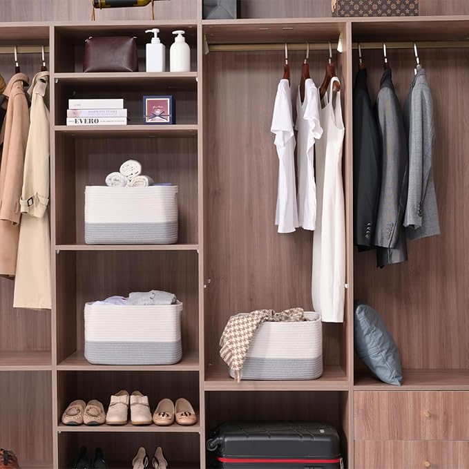 Storage Baskets for Organizing Shelves, Woven Cotton Rope Bins for Baby Nursery Organization, Book Toy Towel Organizer, 15"x11"x9.5", 3 Packs, Off White & Grey